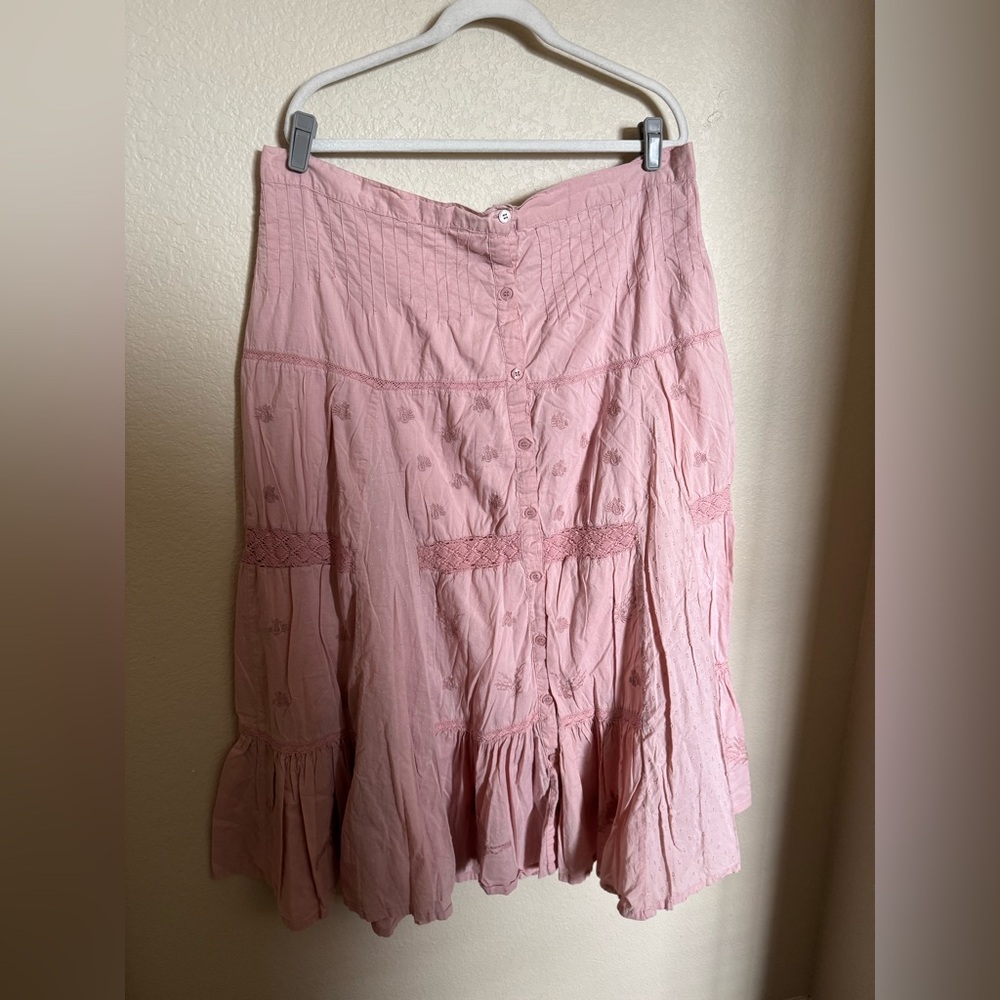 Vintage‎ Cotton Gauze Tiered Flowy Midi Skirt Size 22 Plus Size Pink Lace Trim